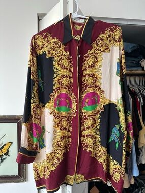 Vintage Baroque Print Long-Sleeve Blouse - Burgundy, Black, Cream